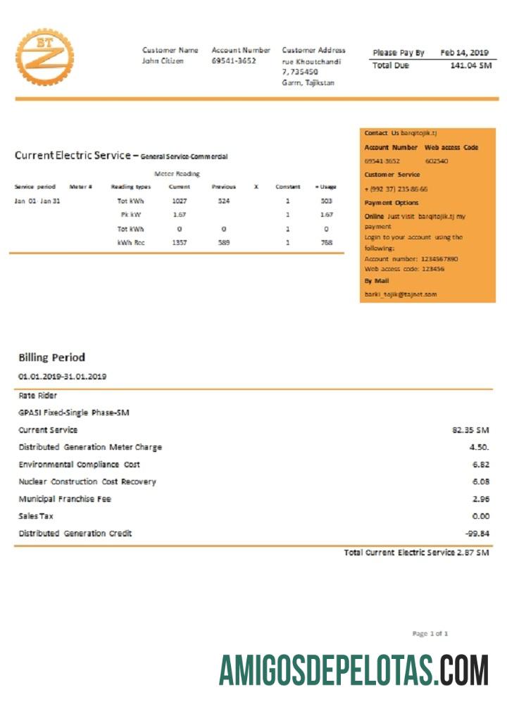 imprimível Modelo de conta de serviços públicos de eletricidade da Tajiquistão Barqi Tojik Company em formato Word e PDF